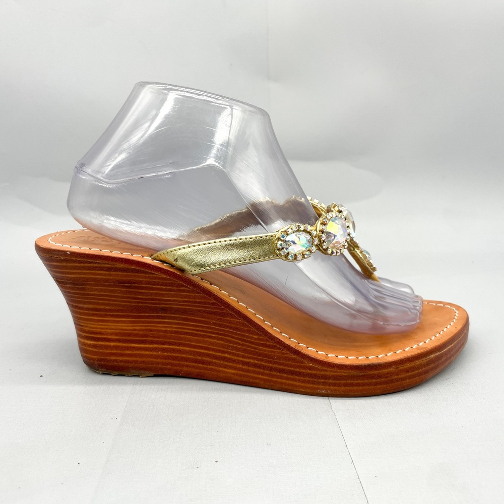 Mystique Gold Jeweled Rhinestone Wedge Sandals Womens 10 Leather Thong Wood Heel